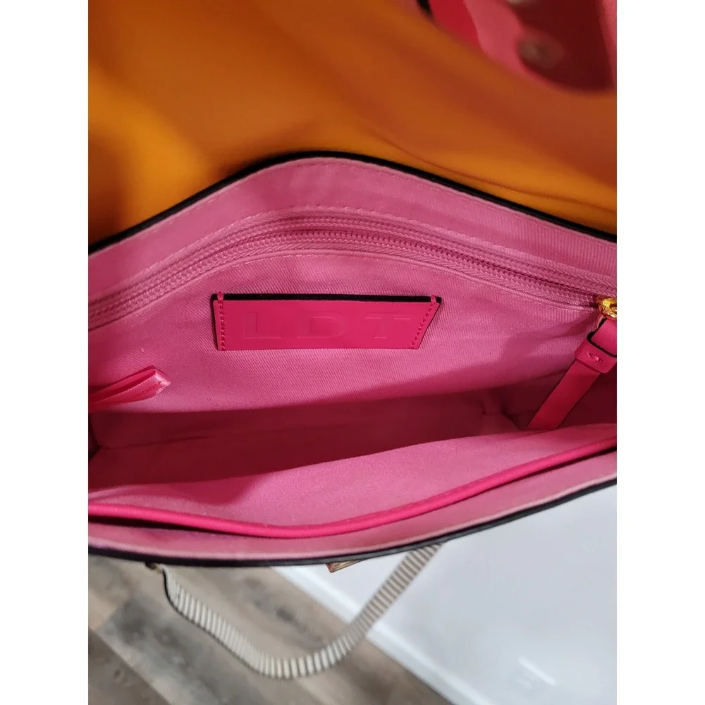 LDT Pink Orange Colorblock Leather Crossbody‎ Bag Striped Strap Purse Handbag #5